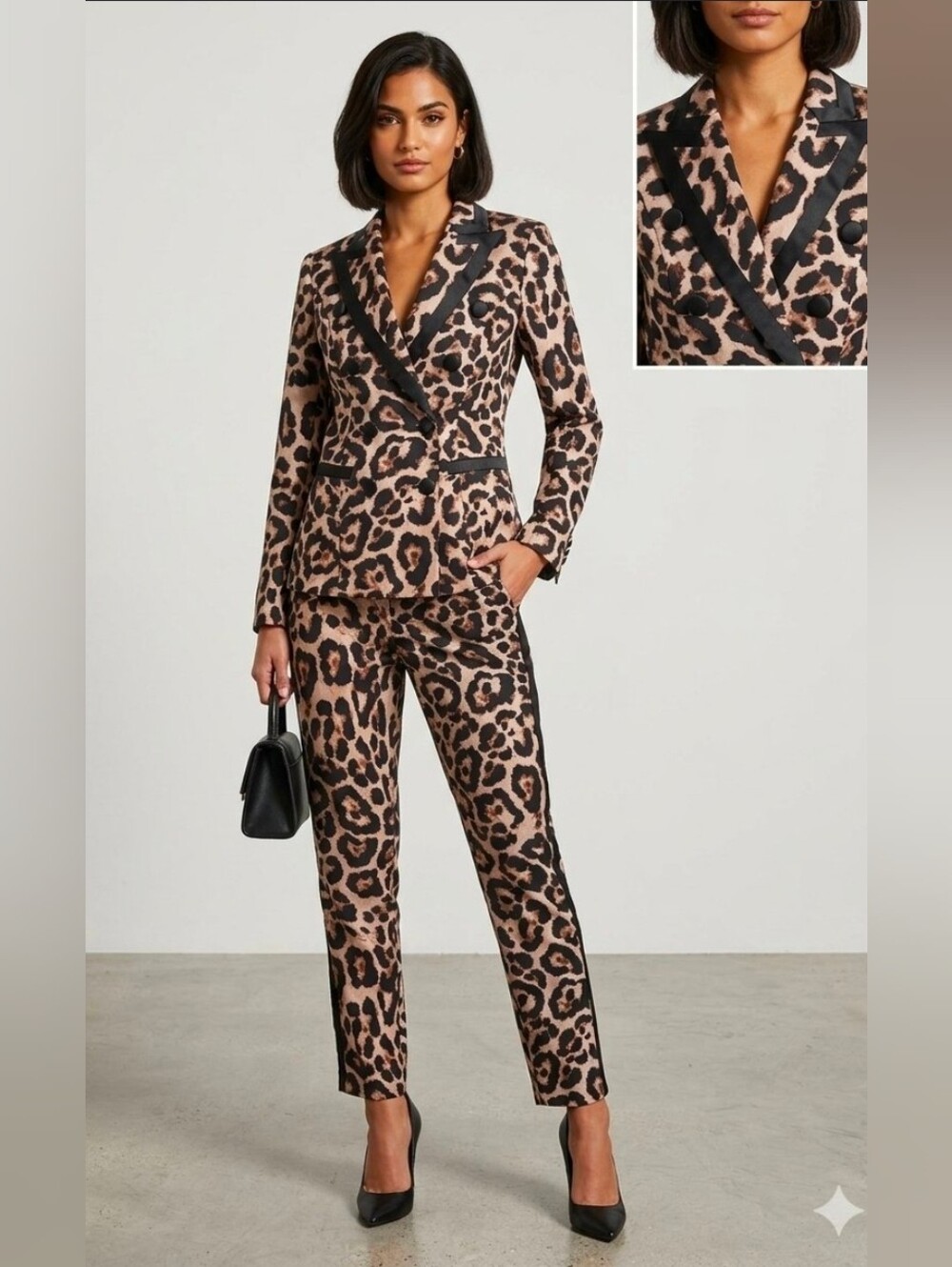 Blithe LA Leopard Print 2 Pc Double Breasted Blazer Pant Set Office Siren S